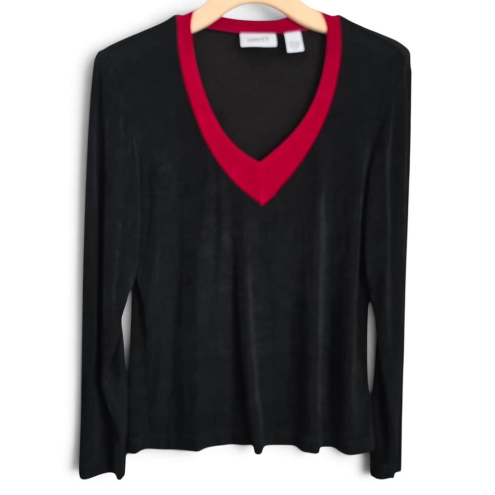 Chicos Travelers Top Womens Size 0 Small 4 Black Red V Neck Slinky Knit Blouse